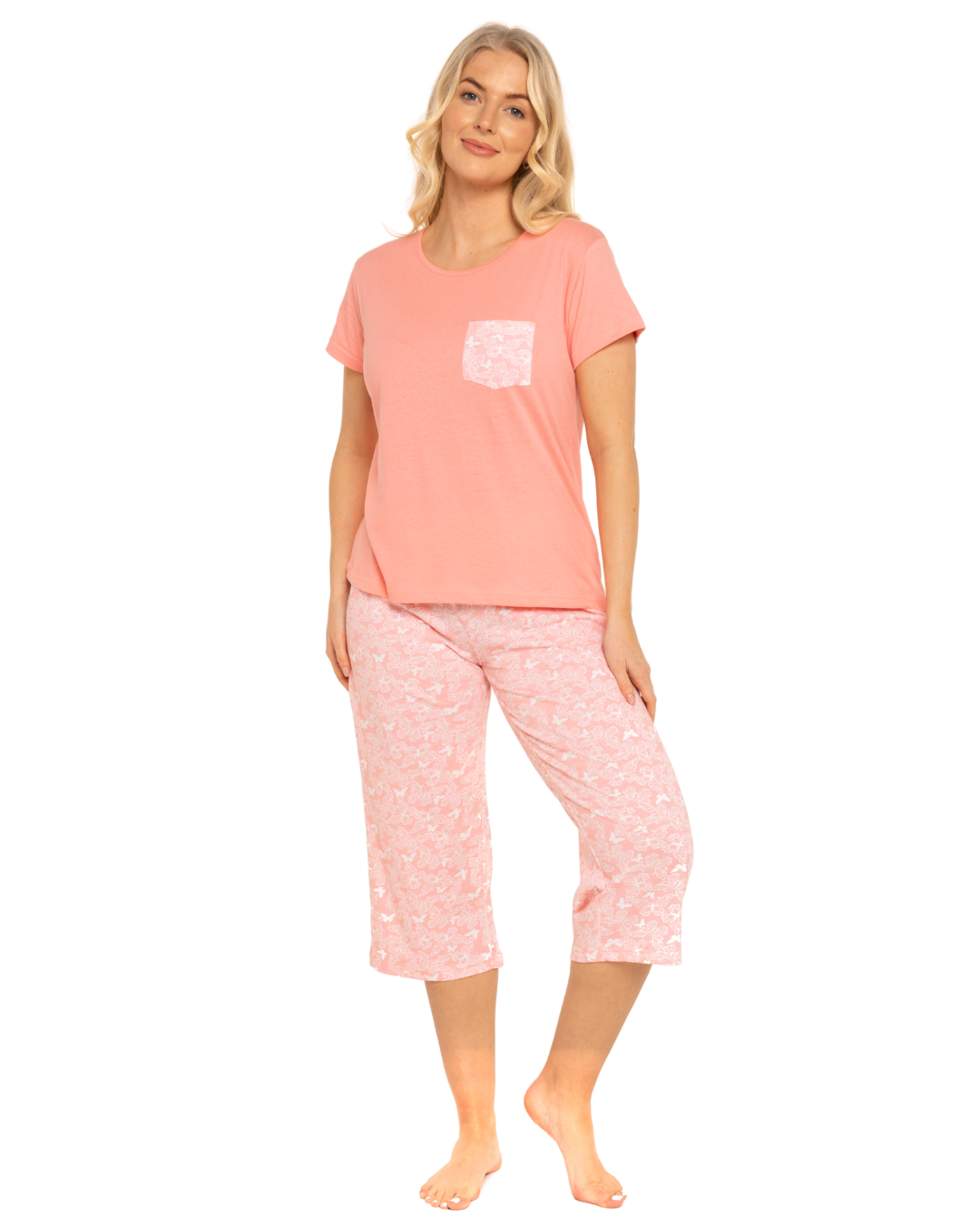 Coral Lace Butterfly 100% Cotton Short Sleeved Cropped Leg Pyjamas