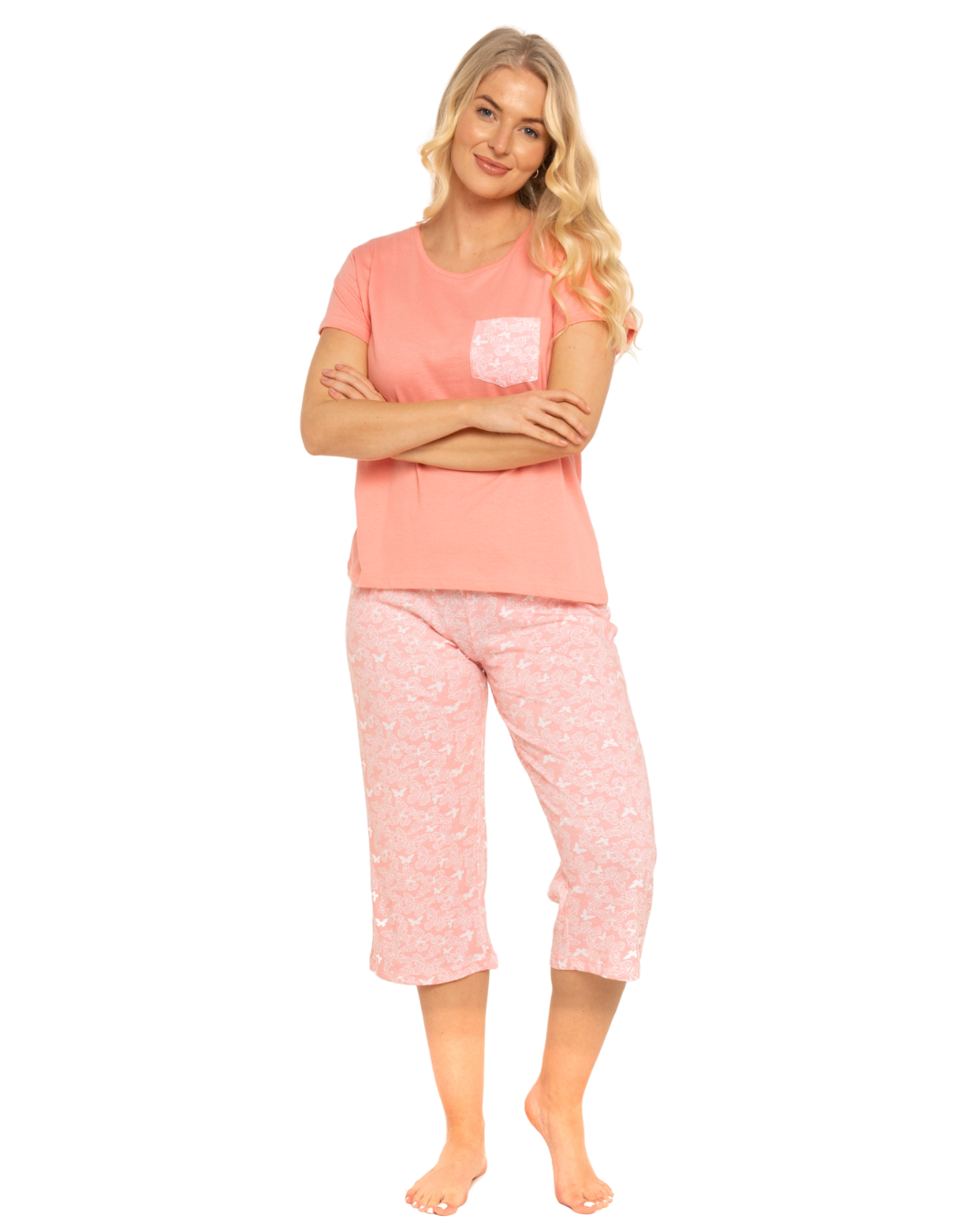 Coral Lace Butterfly 100% Cotton Short Sleeved Cropped Leg Pyjamas