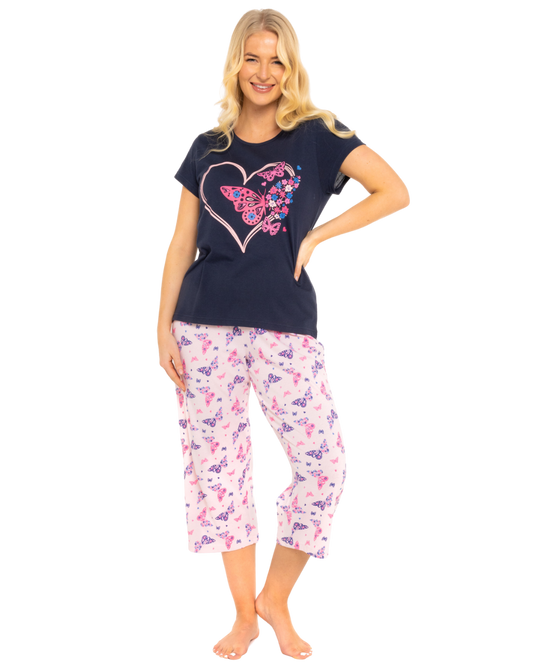 Navy Summer Heart 100% Cotton Short Sleeved Cropped Leg Pyjamas