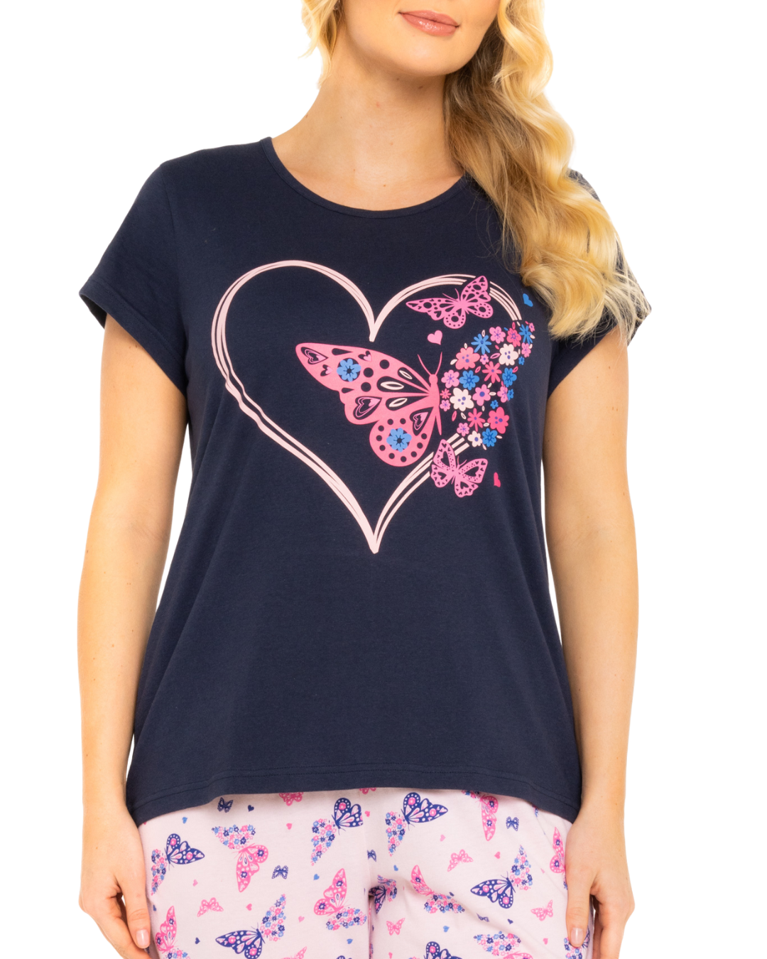 Navy Summer Heart 100% Cotton Short Sleeved Cropped Leg Pyjamas