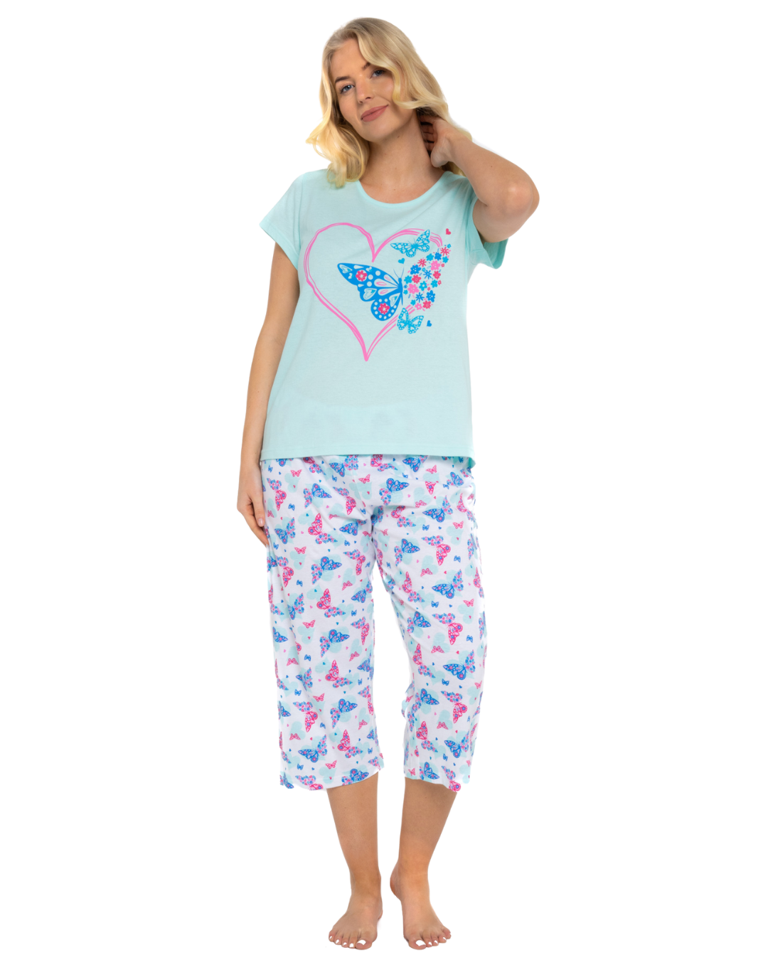 Turquoise Summer Heart 100% Cotton Short Sleeved Cropped Leg Pyjamas