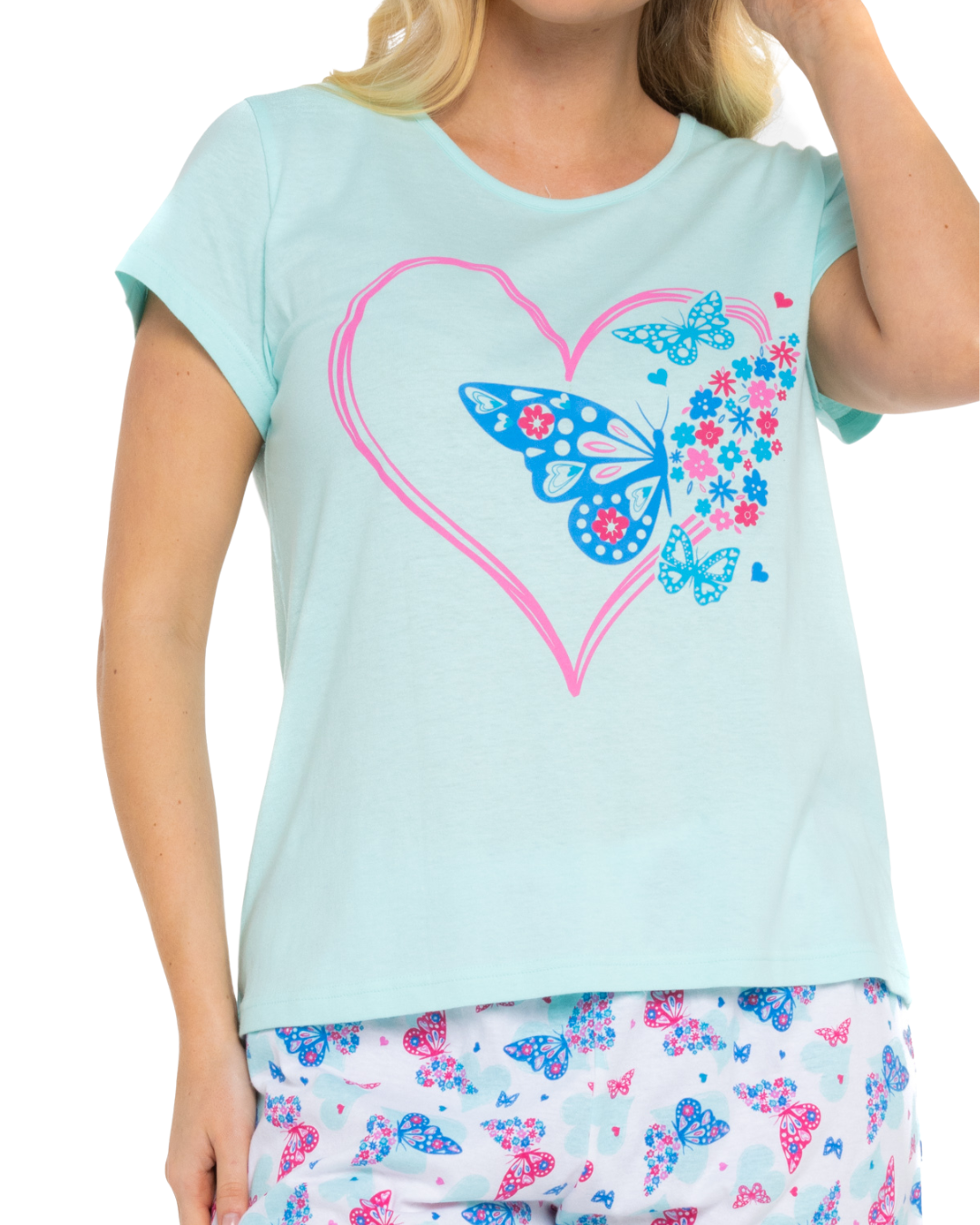 Turquoise Summer Heart 100% Cotton Short Sleeved Cropped Leg Pyjamas