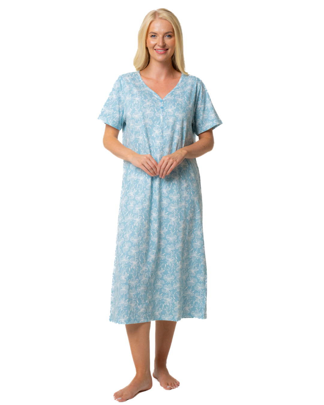 Ladies Long Length 100% Cotton Duck Egg Lily Nightdress (NW200464)