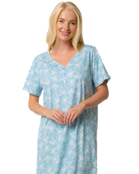 Ladies Long Length 100% Cotton Duck Egg Lily Nightdress (NW200464)