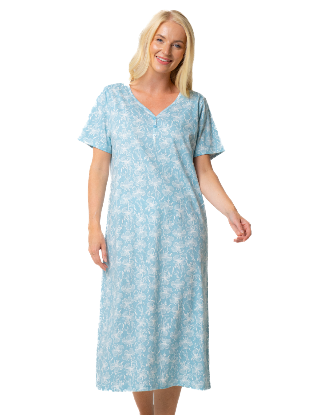 Ladies Long Length 100% Cotton Duck Egg Lily Nightdress (NW200464)