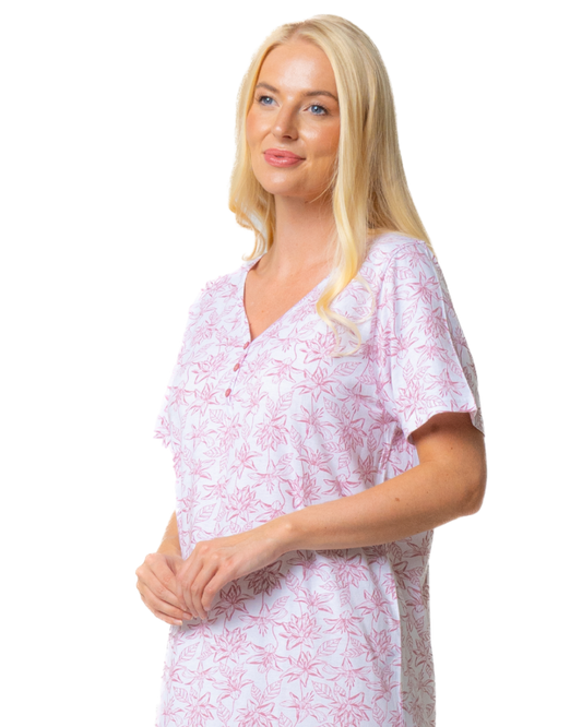 Ladies Long Length 100% Cotton Pink Lotus Nightdress (NW200465)
