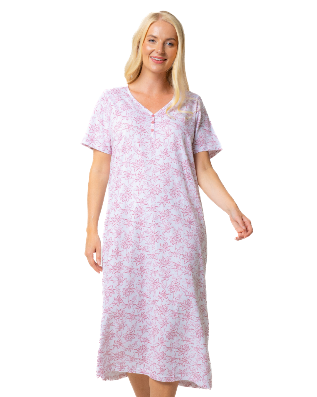 Ladies Long Length 100% Cotton Pink Lotus Nightdress (NW200465)