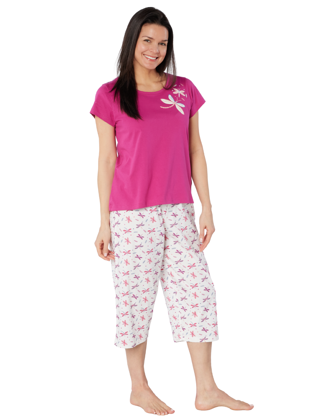 Women's Magenta Dragonfly 100% Cotton Short Sleeve Cropped Leg Pyjamas (NW200509)